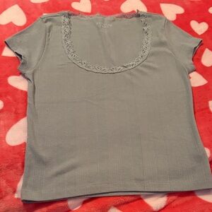 American Eagle Outfitters Women's Teal Lace Trim Tee